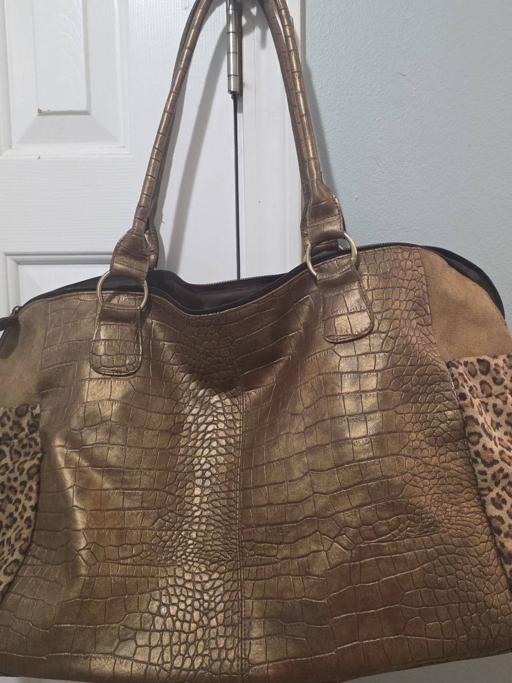 Bueno Metallic Bronze Croc-Embossed Shoulder Bag with Leopard Panels
